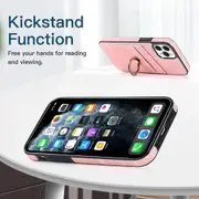 For iPhone Xr Xs 14 13 12 11 Plus Pro Max Case, 360 Rotation Ring Kickstand PU Leather, Pink - iPhone 11 Pro