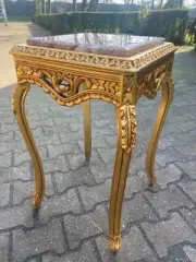 Table - French Louis XVI Gold Leaf Side Table with Pink Marble & Carved Wood