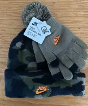 NIKE Boys Youth Army Green Camo Knit Beanie Pom Hat/Gloves Set One Sz 8/20
