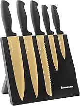 Russell Hobbs Noir Gold 5 Piece Knife Block Set, RHKB5NG, Gold-Coated Stainless Steel Blades, Includes Chef, Bread, Carving, Utility & Paring Knives, Magnetic Storage Block, Sleek Matte Black Finish