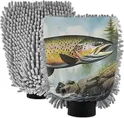 XYMZR Retro Trout Landscape Absorbent Microfiber Car Wash Mitt, Funny Cute Anime Scratch Free for Cars Cleaning, Home Cleaning Mitts, 2 Pack, 10.24” L x 7.09” W