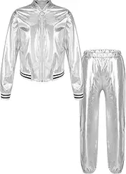 [Loodgao] Kids Boys Girls Jazz Hip Hop Dance Costumes Shiny Metallic Bomber Jacket and Jogger Pants Set