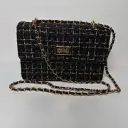 Badgley Mischka Purse Crossbody BagTara Tweed Chain Strap Evening Black Gold NWT