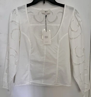NWT 7 For All Mankind Women Cotton Balloon Sleeves Eyelet Top White Size S
