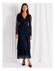 [Tokito] Metallic Long Sleeve Ruffle Midi Dress in Cobalt