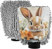 XYMZR Cute Rabbit Floral Orange Absorbent Microfiber Car Wash Mitt, Funny Cute Anime Scratch Free for Cars Cleaning, Home Cleaning Mitts, 2 Pack, 10.24” L x 7.09” W