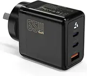 USB C Charger 65W, 3Port GaN USB C Super Fast Wall Charger AU Plug PD 3.0 PPS Fast Charging Block with LED Light for iPhone 16/15/14/13/12,iPad Pro, MacBook, Galaxy S24/S23/S22 (Black)