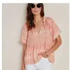 NWT Anthropologie Bette Babydoll Blouse, Peach Plaid, size LP, Boho, Peasant