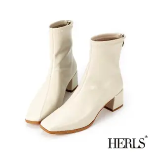 【HERLS】短靴-不對稱縫線拼接方頭皮革短靴(白色)
