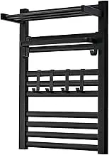 Intelligent Electric Towel Warmer with Top Shelf, Bathroom Aluminum Alloy Thermostatic Heated Towel Rack, Wall Mounted Plug-in Heated Drying Rack with Hook,E