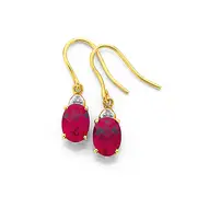 9ct Gold, Created Ruby & Diamond Drop Earrings in Red