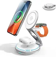 EXW for MagSafe Charger, 3 in 1 Wireless Charging Station for iPhone Charger, 15W Wireless Fast Charger Stand with 30W Adapter for iPhone 16/15/14/13/12 Series, Airpods and Apple Watch Charge (White)