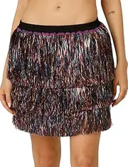 [Ausing] Women's Tassel Skirt Belly Dance Hip Skirt Elasticated Waisted Skirts Shiny Fringe Mini Skirt Tassel Tiered Short Skirt Sexy Tango Latin Dance Skirt Party Performance Skirts M-L