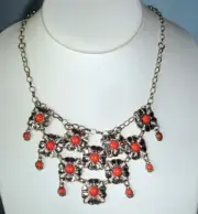 Amir Poran 925 Silver Coral Gem Floral Statement Bib Necklace 18" Israel New