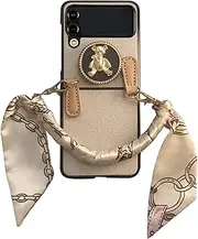 [Bimmid] Galaxy Z Flip 4 Case, Cute Bear Design with 3 Chains Strap, Shockproof Non-Slip Protective PU Leather & PC Bumper Compatible with Samsung Galaxy Z Flip 4, Gold