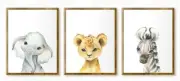 3 x A4 Nursery/Baby wall prints African Animals gift boy girl Lion, Elephant