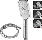 [ACA International] 3 Modes Massage Bathroom Square Handheld High Pressure Shower Head Silver Hand Held Shower with Shower Hose Rain Spray Shower Head (Chrome)