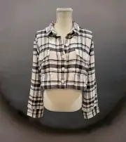 NEW American Eagle Cropped Shacket Size XL Black Plaid Flannel Button Front Top