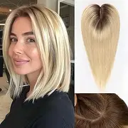 starluck Hair Toppers for Women 100% Real Human Hair, 12 Inch Ombre Light Blonde with Dark Root No Bangs, Pure Hand-Tied Silk Base with 3 Clips in Wiglet Toppers,Human Hair Toppers for Women