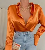 Elegant Green Silk Blouse Women Autumn 2022 Button Down Long Sleeve Satin Blouses Women Casual Solid Loose Shirts Tops 22717 orange XXL