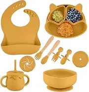 Silicone Baby Feeding Set - 11pcs Baby Led Weaning No Mess Divided Suction Plate and Bowl, Silicone Bib, Spoon and Fork, Sippy Cup, Snack Cup, BPA Free (Sundance) by Zoe Sage
