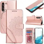 [Cavor] Wallet Case for Samsung Galaxy S22 6.1'' PU Leather Case Magnetic 3D Embossed Flower Women Flip Kickstand with Card Holder Wristlet Hand Strap Protective Cover -Flower Rose Gold