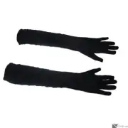 Elegant Long Elbow Length Silk Gathered Costume Gloves, Black, One-Size