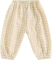 [Lenjindjer] Toddler Baby Girl Boy Cotton Linen Pants Plaid Elastic Jogger Gingham Lantern Long Pants Summer Fall Harem Pants