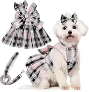 3PCS Cute Plaid Dog Dress Set with Bow Tie Harness & Leash for Small Dogs, Puppy Clothes for Girls Summer Outfits (Pink, S)