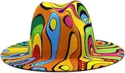 [Osotwbo] Fashion Printed Jazz Hat for Men and Women,Tie-dye Flat Brim Hat Fedora Hat Imitation Wool Felt Cap