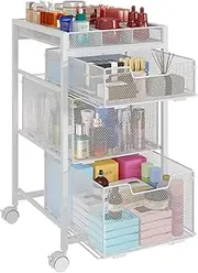 JKsmart Rolling Makeup Cart Organizer with 3 Drawers, Cosmetics Display with Dividers, Floor Skincare Storage with Wheels, Versatile Vanity Organizer for Nail Polish Perfume Brush Hair Tool, White
