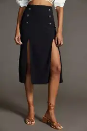 Anthropologie Maeve Dual Split Button Midi Black Skirt 6 NEW