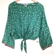 Billabong Crop Top Size Large Flounce Sleeve Tie Front Green/White Daisy Floral