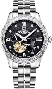 [carlien] Men Top Brand Skeleton Automatic Movement Diamond Luminous Business Stainless Steel Waterproof Watch