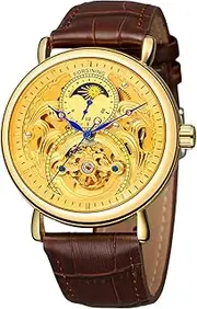 [DAXIAOYU] Forsining Top Brand Automatic Mechanical Business Watch Mens Clock Golden Moon Phase Leather Wrist Watches