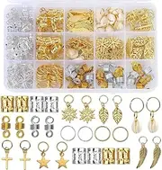 Reelau Hair Beads for Women Braids, 200PCS Hair Beads Jewelry, Loc Jewelry for Hair, Dreadlocks Accessories, Metal Gold Silver Clips Cuffs Coils Shells Rings for Hair Braiding Beard Decoration for Adult