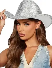 [CaySep] Women Western Cowboy Hat - Classic Wide Brim Fedora Hat Silver Cowgirl Hat Jazz Hat for Disco Parties and Costumes