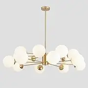BOKT Gold Sputnik Chandelier 16-Light Globe Pendant Light Modern Ceiling Light Fixture Brushed Brass Chandelier Milk Glass Ball Large Pendant Lighting for Dining Room Kitchen Island Living Room