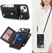 for iPhone 13 Case with Card Holder and Strap - Zipper Pocket,Crossbody Lanyard Strap,Credit Card Holder,Stand Ring,Cute Phone Wallet Case for Women(Black,6.1 Inch)