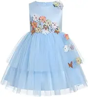 IBTOM Castle Toddler Flower Girl Dress Sleevelss 3D Flowers Tiered Tulle Tutu Dress Kids Princess Formal Birthday Party Dress