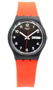 New Swiss SWATCH Originals Red Grin Black Day-Date Silicone Watch 34mm GB754 $85