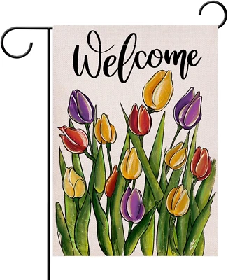 Welcome Spring Floral Flowers Garden Flag Double Sided, Tulip Decorative Yard Ou