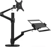 Thingy Club Dual Arm Monitor & Laptop Mount, Desk Mount Stand for up to 30 inch Computer Screen and 12-17 inch Laptop, Height Adjustable, Swivel at Any Angle, Each Arm Supports 8KG (Black)