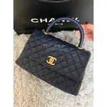 二手精品 CHANEL 香奈兒 深藍荔枝霧 金釦 COCO HANDLE 手提包 斜挎包