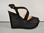 PRADA 35/5 BLACK SUEDE WEDGE PLATFORM STRAPPY SANDALS SHOES RUBBER SOLE NEW $856
