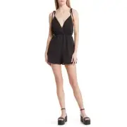 Open Edit Black Floral Jacquard Tie Shoulder V-Neck Shorts Romper Medium NWT
