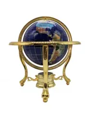 10" Tall Blue Lapis Ocean Table Top Gemstone World Globe with Gold Tripod