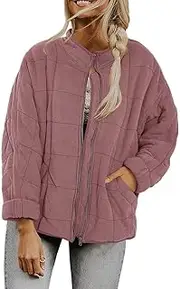 [EdNey] Women's Stand Collar Quilted Zip Puffer Winter Jackets Baggy Short Padded Packable Warm Outwear with Pockets, Pink, Small