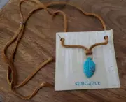 Sundance Handcarved TURQUOISE LEAF Necklace - Adjustable Brown Leather Ret $225