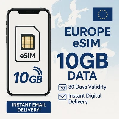 Europe eSIM – 10GB High-Speed Data | 30 Days Validity | Instant Digital Delivery
